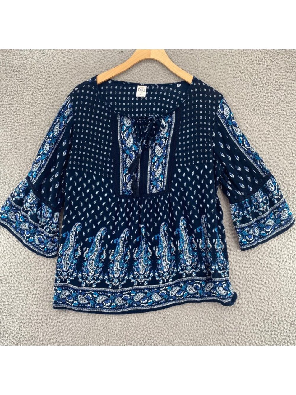 Bila Top Womens Small Navy Floral Paisley 3/4 Bell Sleeve Peasant Tied Tassel